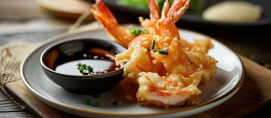 Single serving of tempura shrimp on a plate, with sweet and sour and soy sauces, appetizer concept. - obrazy, fototapety, plakaty