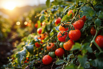 Fototapeta premium Ripe red tomatoes on a vine in a garden, glowing in the warm light of a setting sun, ready for harvest.