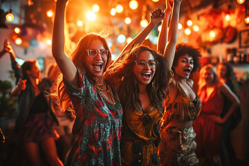 Group of joyful friends dancing and celebrating together at a vibrant party with colorful lights and energy.
