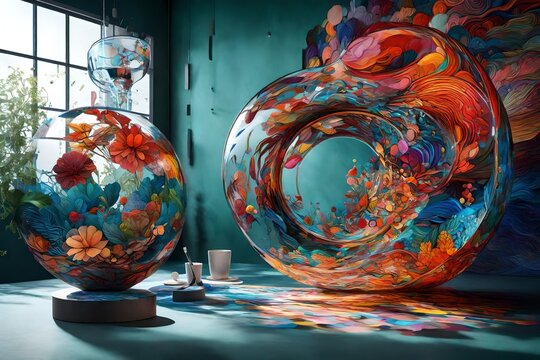 Embark on a Creative Odyssey: Crafting a 3D Round Glass Illustration That Transcends Conventional Boundaries. Immerse in the Transformative Impact of AI Generating a Vibrant and Colorful Painting 