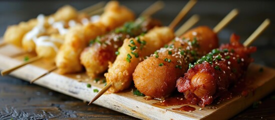 Korean corn dogs are a variety of fried batter-coated snacks, including hot dogs, rice cakes, fish cakes, and mozzarella cheese. - obrazy, fototapety, plakaty