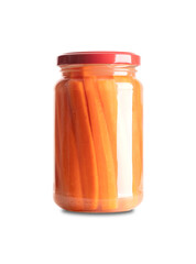 Carrot sticks, homemade fermented carrots, in glass jar with lid. Carrots cut into sticks, fermented by lactic acid bacteria. Unpasteurized and uncooked they provide probiotics and improve digestion.