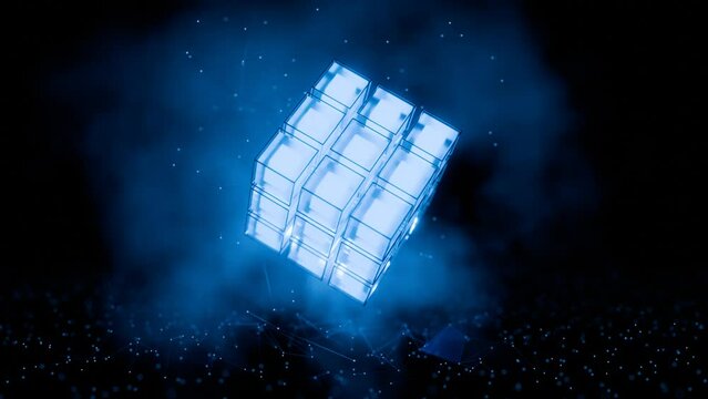 Rotating technological cube in a futuristic background. Neural network training concept. Artificial Intelligence. Blockchain. Big data. Programming.