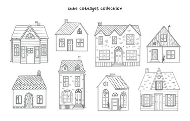 Cute hand drawn cottages, cartoon houses for prints, cards, posters, coloring pages, signs, sublimation, nursery room decor, stickers, etc. EPS 10 - obrazy, fototapety, plakaty