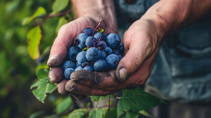 Naklejka na ściany i meble Farmers hands holding a bunch of blueberry fruit outside. 