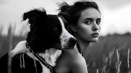 Naklejka premium monochrome close-up portrait of a woman with a dog on a walk in the park