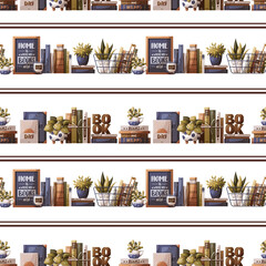 Seamless pattern with books, potted plants, bookish poster. Bookstore, bookshop, bookshelf, book lover, reading, interior concept. Vector illustration.