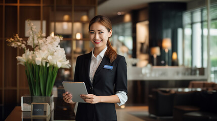 Hospitality guest service agent at a luxury hotel. - obrazy, fototapety, plakaty