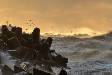 Strong storm at sea. Waves break and splash in the open sea and strong winds. Selective focus.