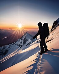 climbers in the mountains, men conquering mountains, climbers looking for adventure in the mountains, climbers conquering peaks, snowy tourist mountains, silhouettes of climbers in snowy mountains - obrazy, fototapety, plakaty