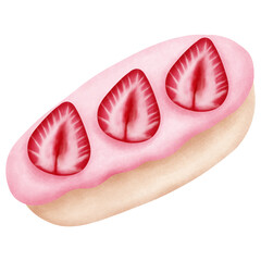 Romantic watercolor strawberry eclair clipart.Whimsical valentine dessert illustration.