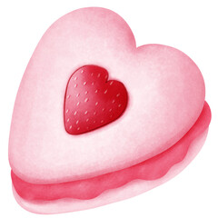 Whimsical watercolor heart shaped strawberry macaron with cream clipart. Valentine dessert clipart.