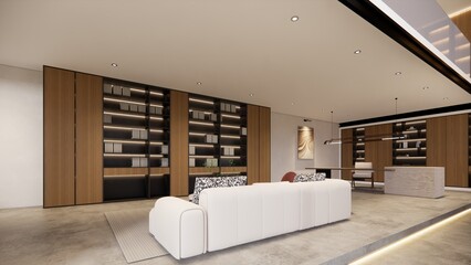 Interior Empty Modern Loft house open space .Living room and pantry kitchen. home office .duplex space interior .3D Rendering .