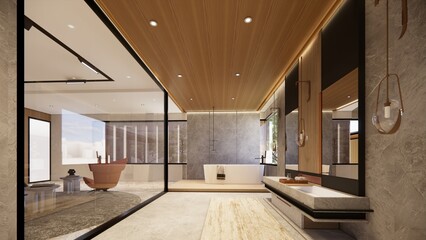 Interior Empty Modern Loft house open space .Living room and pantry kitchen. home office .duplex space interior .3D Rendering .