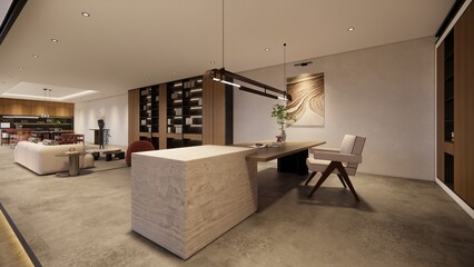 Interior Empty Modern Loft house open space .Living room and pantry kitchen. home office .duplex space interior .3D Rendering . © anon
