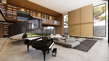 Interior Empty Modern Loft house open space .Living room and pantry kitchen. home office .duplex space interior .3D Rendering .