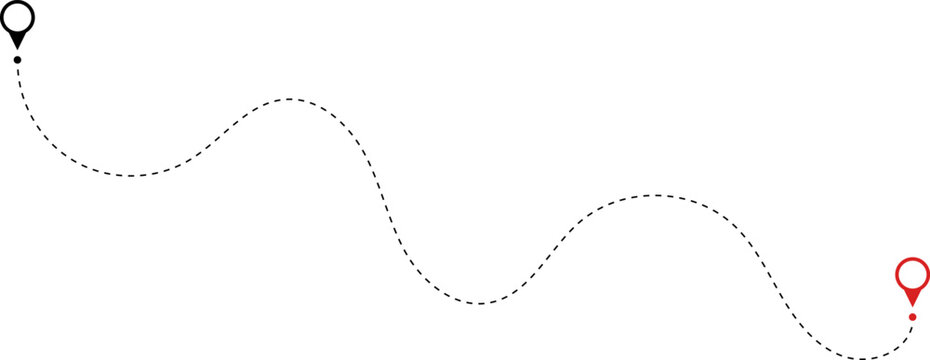 Route icon - two points with dotted path and location pin. Route location icon two pin sign and dotted line. Travel vector icon. Travel from start point and dotted line tracing.