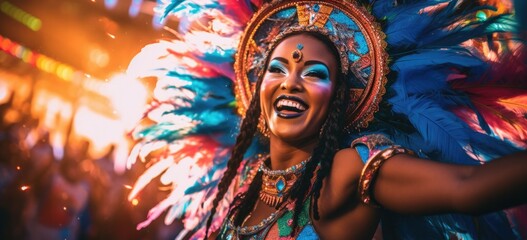 Spectacular Samba dancers in vibrant costumes, performing at the Carnival, energetic and colorful. Banner. - obrazy, fototapety, plakaty