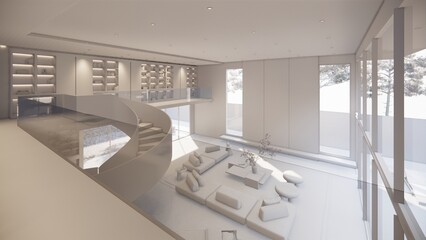 Interior Empty Modern Loft house open space .Living room and pantry kitchen. home office .duplex space interior .3D Rendering .