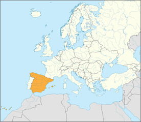 Orange CMYK national map of SPAIN inside detailed beige blank political map of European continent with rivers and lakes on blue background using Mercator projection
