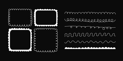 Doodle frames and borders set. Hand drawn simple wavy line elements. Cartoon style line frames and boxes design