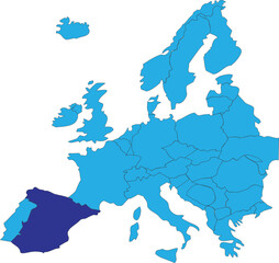 Obraz premium Dark blue CMYK national map of SPAIN inside simplified blue blank political map of European continent on transparent background using Peters projection