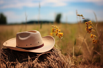 A straw cowboy hat on a hay bale with a field in the background.