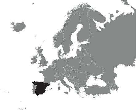 Black CMYK national map of SPAIN inside detailed gray blank political map of European continent on transparent background using Mercator projection