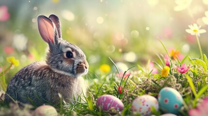 Fototapeta na wymiar Easter Bunny with Painted Eggs Amidst Flowers.
