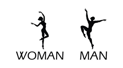 Silhouettes of men and women dancing ballet. For printing stickers or icons separating male and female symbols.