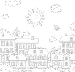 Funny toy houses of a pretty little town on a sunny summer day, black and white outline vector cartoon illustrations for a coloring book