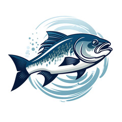 round logo emblem with a fish on white background. Symbol badge for a fishing brand, restaurant and seafood store, a fishing company