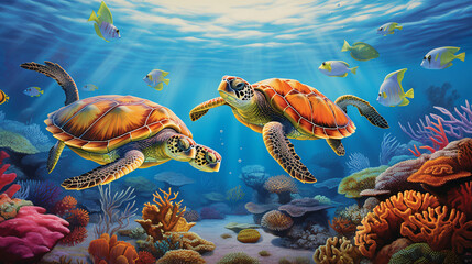 Three sea turtles swim gracefully 