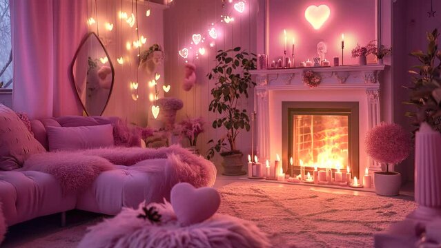 Romantic Valnetine's Day living room interior with fireplace and fire, glowing hearts decoration, 4k loop