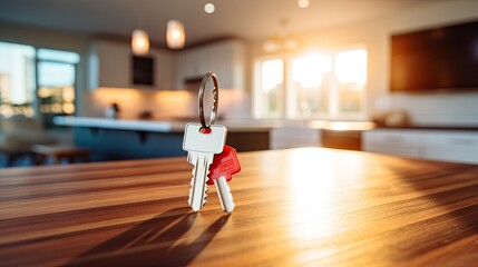 Fototapeta na wymiar Home Keys on Wooden Table Inside Modern House.