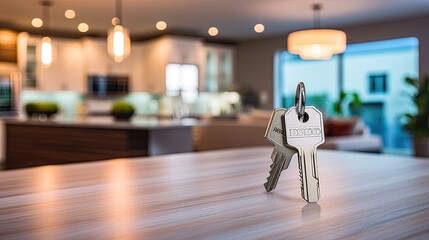 Home Keys on Wooden Table Inside Modern House. - obrazy, fototapety, plakaty