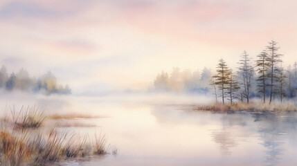 Watercolor of misty lakeside at dawn.