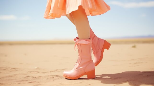 Female wearing peach-colored dress and boots on beach