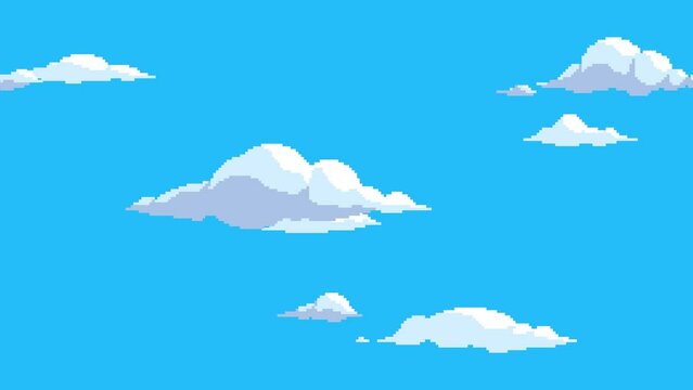 Pixel art clouds floating horizontally on blue sky background. Seamless looping animation. Animated cartoon cloudscape.