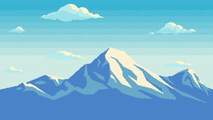 Pixel art mountains with clouds seamless background. Landscape for retro video game or application. Vector illustration.