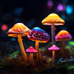 Glowing colorful mushrooms in the dark