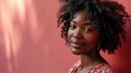 Street style portrait of Beautiful african american woman with curly hair on pink background