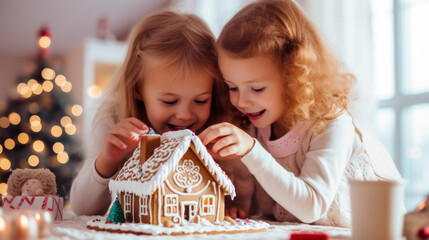 Girls children decorating a handmade gingerbread house near Christmas time
