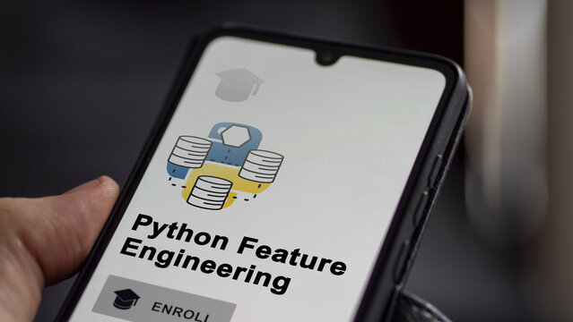 January 03th 2024. Student enrolls to Python Feature Engineering program on a phone, upskilling certification by e-learning