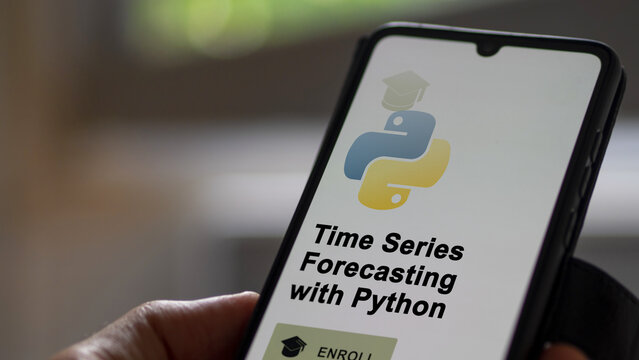 January 03th 2024. Student enrolls to Time Series Forecasting with Python program on a phone, upskilling certification by e-learning