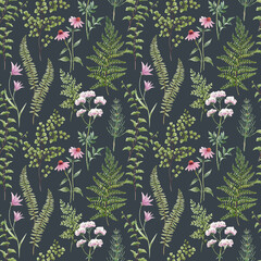 Beautiful seamless pattern with watercolor hand drawn forest plant leaves and flowers. Popular...