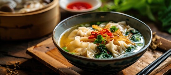 Delicious soup with roasted pork, wonton, egg noodles, and vegetables.