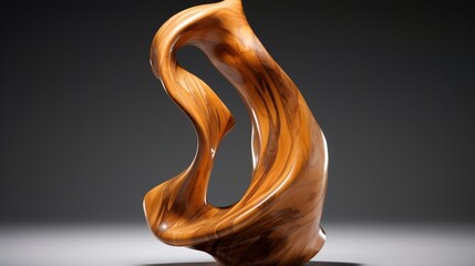 A wood sculpture of a twisting, abstract form, evoking the sense of movement and energy frozen in time. The natural grain of the wood adds depth and texture.
