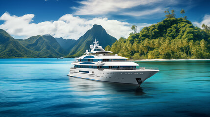 Luxury mega yacht in light blue water of Caspian sea.