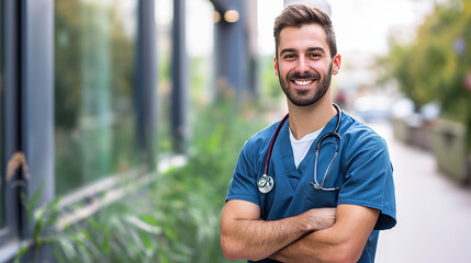 Male nurse in blue scrubs outside the hospital. - obrazy, fototapety, plakaty